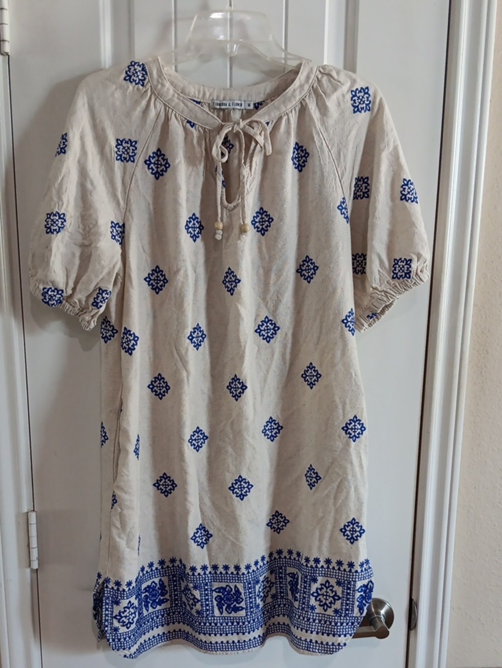 Figueroa & Flower Boho Embroidered Linen Blend Peasant Dress with Pockets M